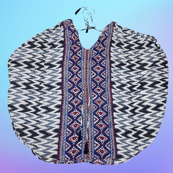 BOHO Aztec Print Keyhole Tassel Toe Poncho Blouse - Picture 8 of 8